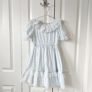 80s Ruffled White & Blue Floral Calico Dress‎ Bryan size 7 Pioneer Days Costume